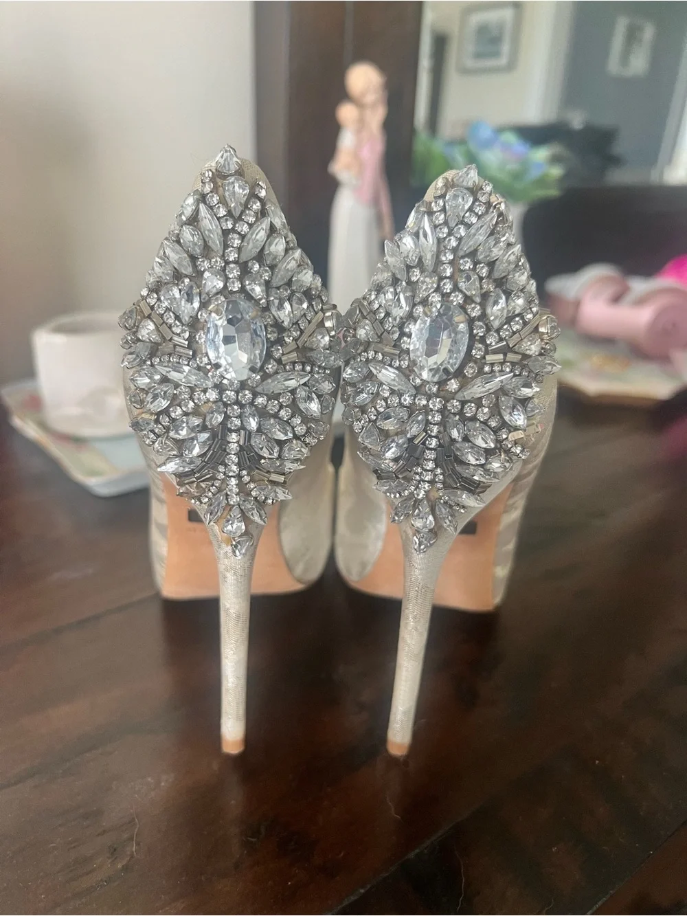 Badgley Mischka Ivory Brocade Jeweled Peep-Toe Pumps
